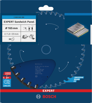 Hoja de sierra circular para panel sándwich Bosch EXPERT 165×2/1,6×20 mm T30.